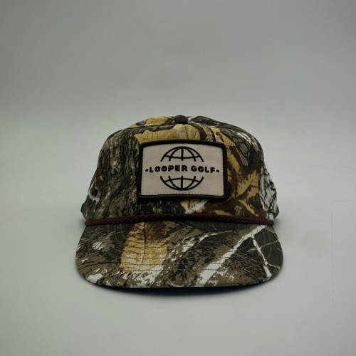 LOOPER GOLF Patch Cap V1 Bushland Camo with brim rope — mid-crown camo golf cap from QLD, Australia