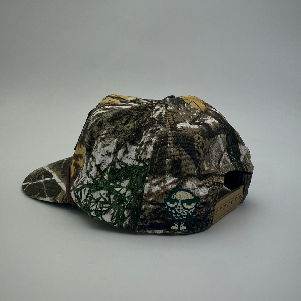 LOOPER CO. Patch Cap V1 Bushland Camo side profile showing brim rope detail — adjustable golf streetwear cap