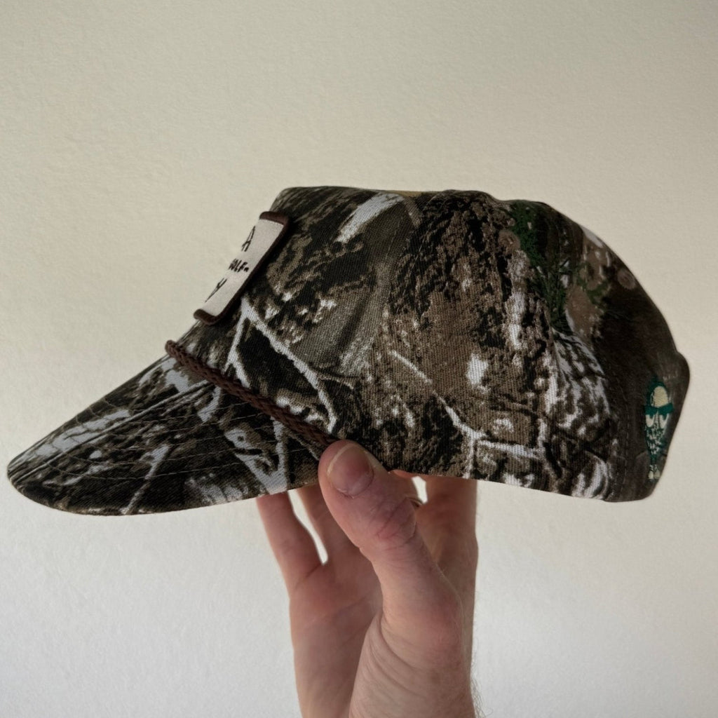 LOOPER CO. Patch Cap V1 Bushland Camo side profile — retro mid crown golf snapback cap